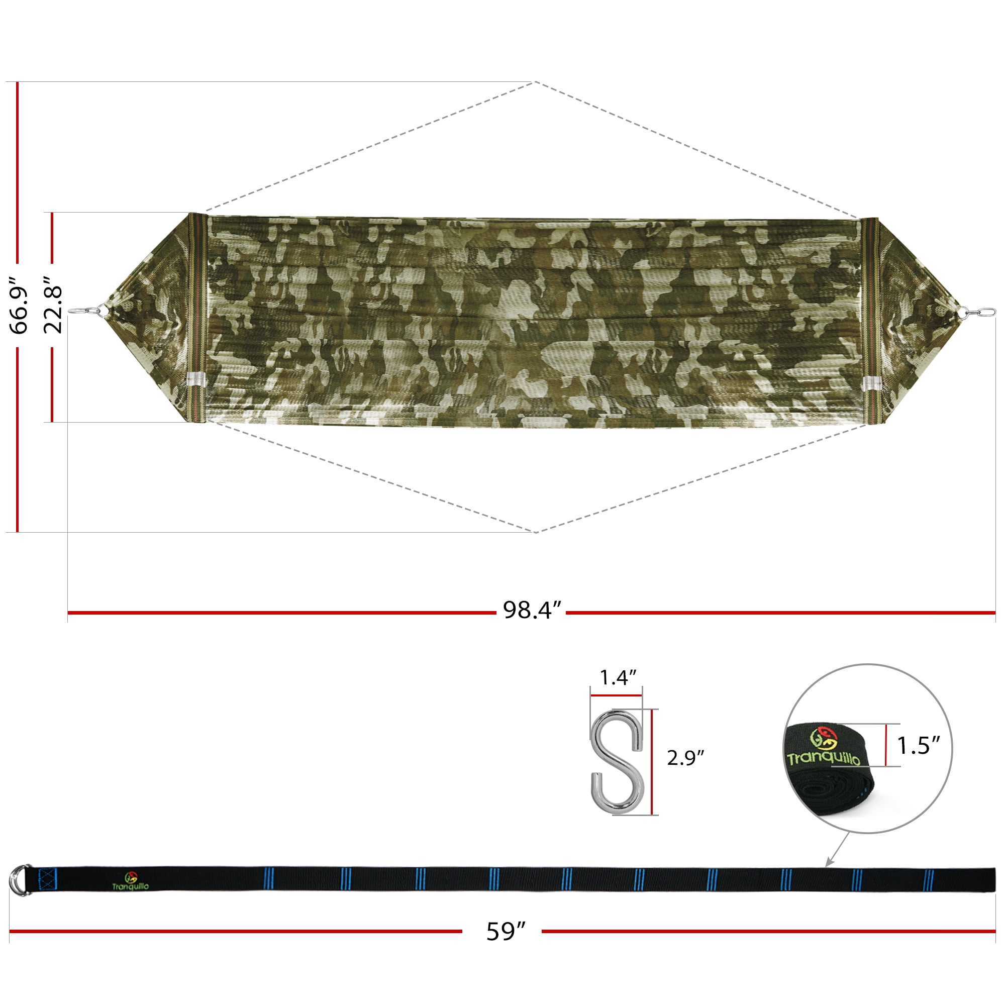 Tranquillo Uniki Double Hammock 2 Persons Polyester 550 lbs Capacity Hammock and Tree Straps, Camo