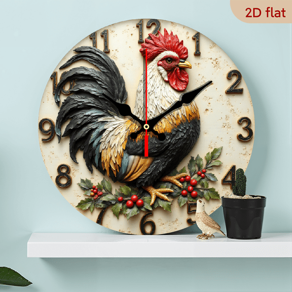 A 10-inch wall-mounted clock with a vintage rooster embossing as the theme. The overall style is retro and simple, carrying a strong rural living atmosphere.