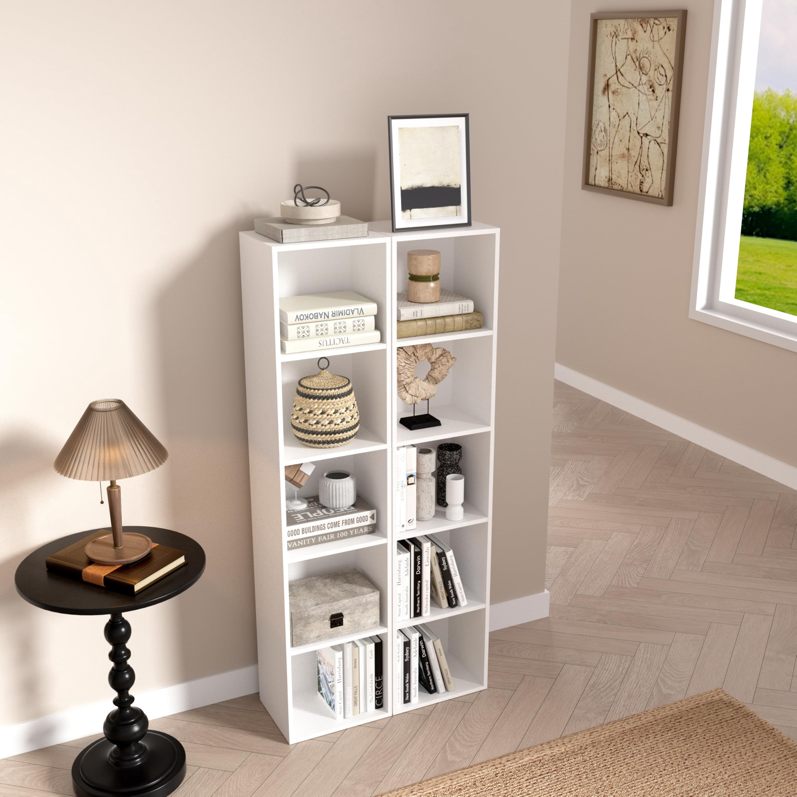 VAFHYLLIS 5 Cube Storage Organizer, 5 Tier Cube Low Bookcase Freestanding Storage Display Organizer, Five-Cubes Open Shelf Bookshelf for Home Office White, 5-Cube