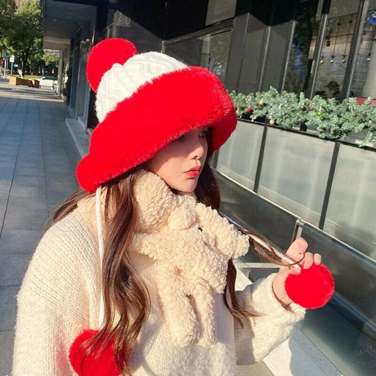 Women Outdoor Cold-proof Thicken Knitted Cap Pom Pom Ball Hats Faux Fur Beanies  Hat Winter Warm WHITE 