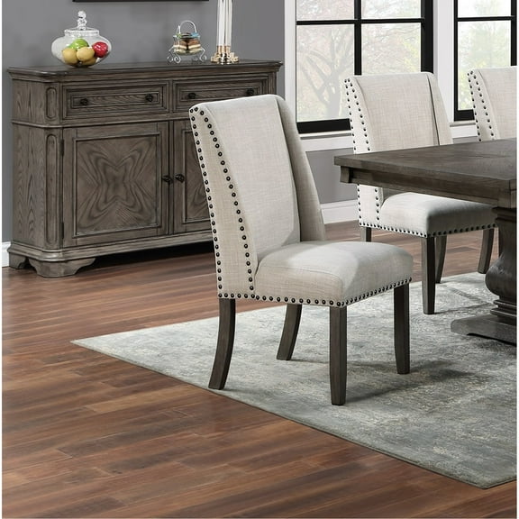 Of 2 Dining Chairs, Wingback Style, Upholstered Fabric, Oak Finish And Bronze Trim 2pc Finish, Fabric Seat Captivating Nailhead