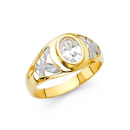 14k Two Tone Solid Gold 11mm Oval Cut Cubic Zirconia Cz Flying Eagle Mens Ring 115