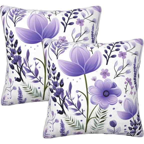 2Pcs Purple Floral Throw Pillow Case, Cute Lavender Flower Art Decor Pillow Covers, Bedroom Living Room Cushion Cover for Couch Sofa Bed, 18'''' x 18'''', Purple Floral-2