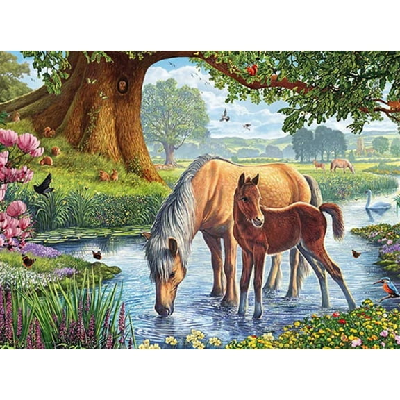 2 Horses in Stream | Cross Stitch Needlework Embroidery Kits (printed canvas)