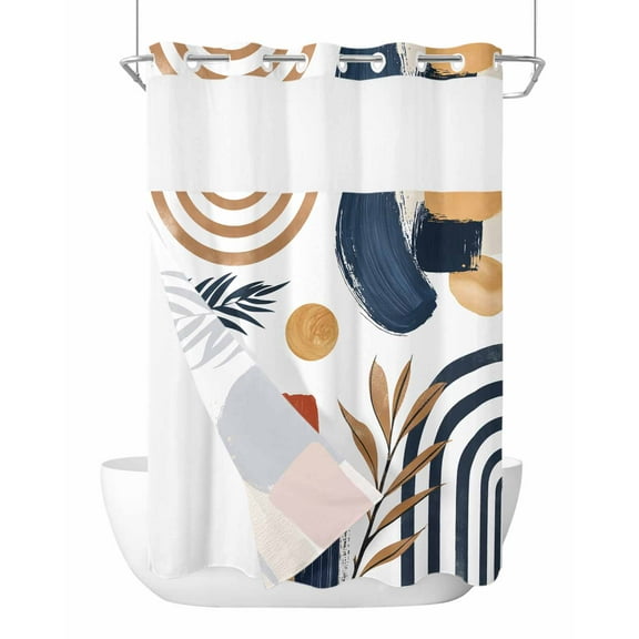 No Hook Cloth Fabric Shower Curtain with Snap in Liner, Bohemian Nordic Waterproof Shower Curtains Set with See Through Top Window, Middle Century Abstract Palm Tree Bath Curtains Shower 72"x84"