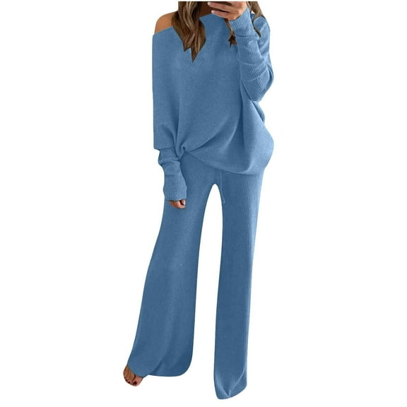 Women's Trendy 2 Piece Outfits Set Loungewear Long Sleeve Tops Comfy Activewear Solid Color Wide Leg High Waist Pants Casual Loose Fall Clothes for Ladies Elegant Jogger Blue L