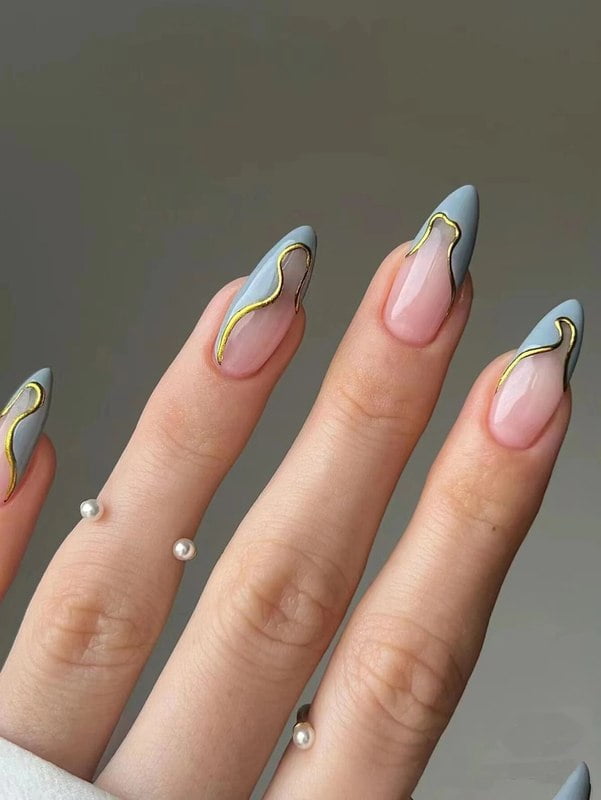 24 Pieces Long Almond Irregular French style Pattern ABS Full Cover Glossy False Nails