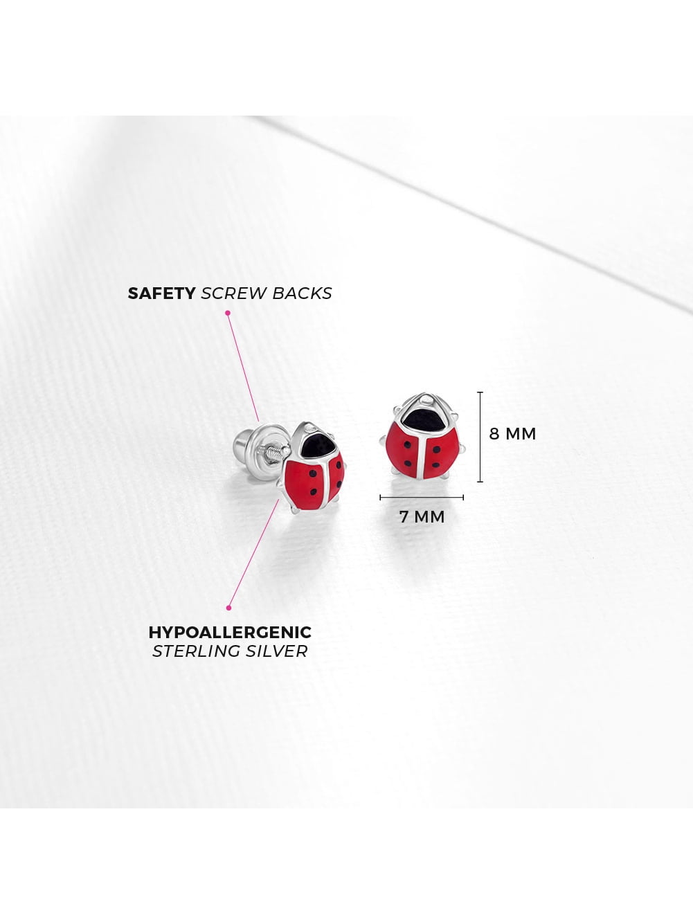 925 Sterling Silver Girls Enamel Ladybug Earrings with Safety Screw Back Toddler