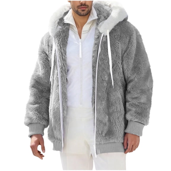 Mens Fuzzy Sherpa Jacket Fleece Long Sleeve Full-Zip Hooded Shirt Winter Warm Fall Jacket Coats with Pockets