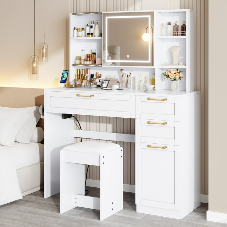SESSLIFE Vanity Set with LED Sliding Mirror, White Makeup Table with 3  Drawers and Charging Station, Makeup Dressing Table Set with Cabinet for  Women, Ladies Gifts - Walmart.com