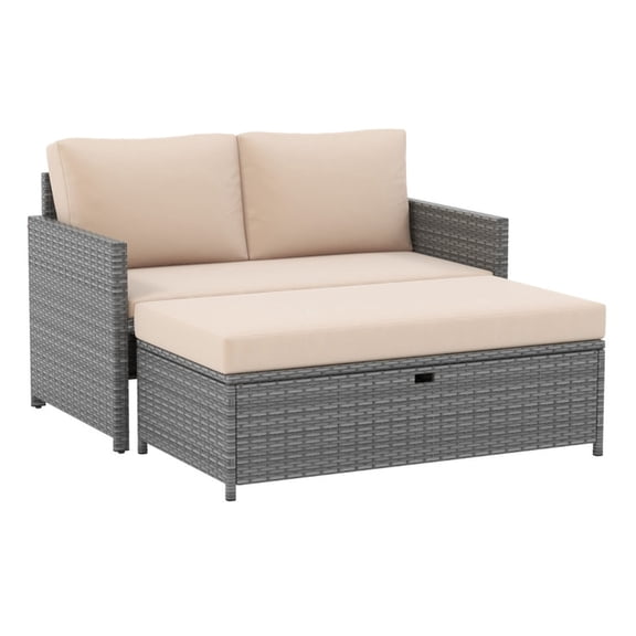 Biotree Outdoor Rattan Daybed Wicker Loveseat with 31 Gallon Storage Ottoman Patio Daybed for Garden Backyard Porch, Brown