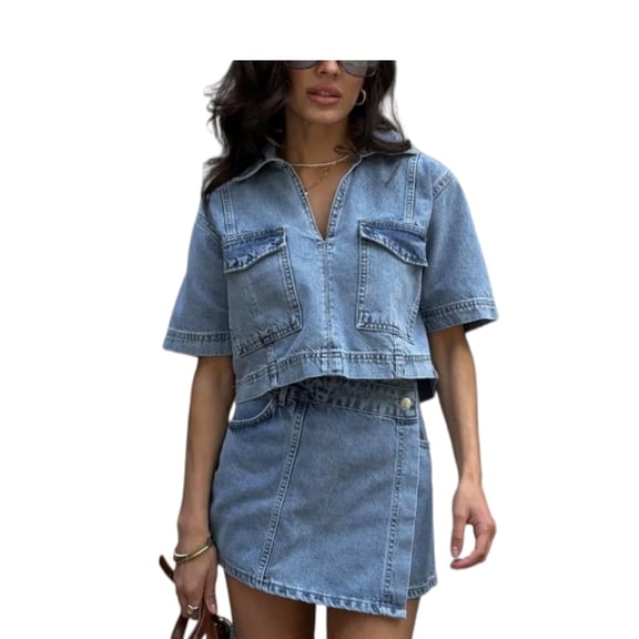 Women Utility Denim Skirt Set V Neck Short Sleeve Top Outfit