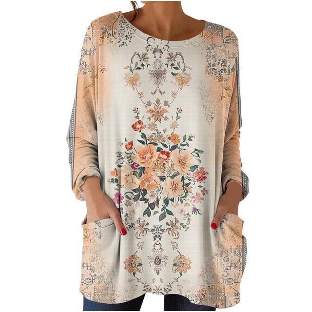 Mujeres Manga Larga Tops Casual Vintage Impreso Cuello Redondo Blusa Suelta con Bolsillos, Tops de Color Sólido para las Mujeres Suaves