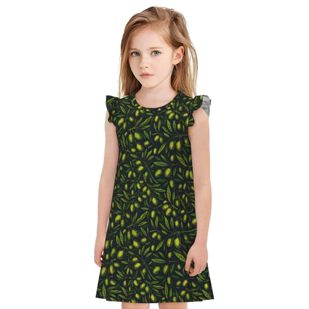 Fotbe Green Branch Olive Vestido de Dormir para Niñas de 3 a 10 Años, Mangas Cortas, Estilo Princesa, Pijama Camisón con Mangas Voladas-Small