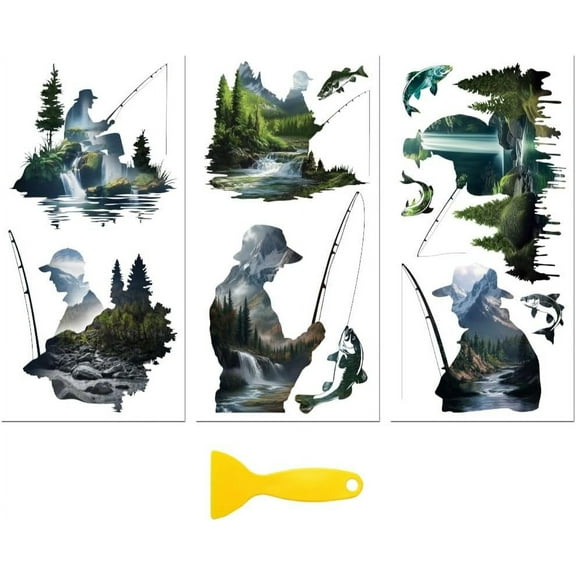 Rub on Transfer Decal Sticker for Furniture Craft Decor 6"x12" Fishing Enthusiasts and Lake Scenery 3Pcs Waterproof UV DTF Transfer for Drawer Dresser Glass Porcelain Wood Plastic Window