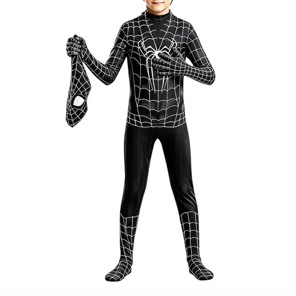 Web Pattern Zentai Costume, Halloween Cosplay Outfit With Allover Web Graphics and Detailed Hero-Style Chest Artwork Including Bodysuit and Face Covering for Cosplay and Halloween Events