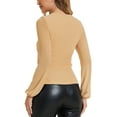 thumbnail image 3 of INSPIRE CHIC Ruched Mesh Blouse for Women's V Neck Long Sleeve Slim Fit Dressy Casual Wrap Top S Apricot, 3 of 6