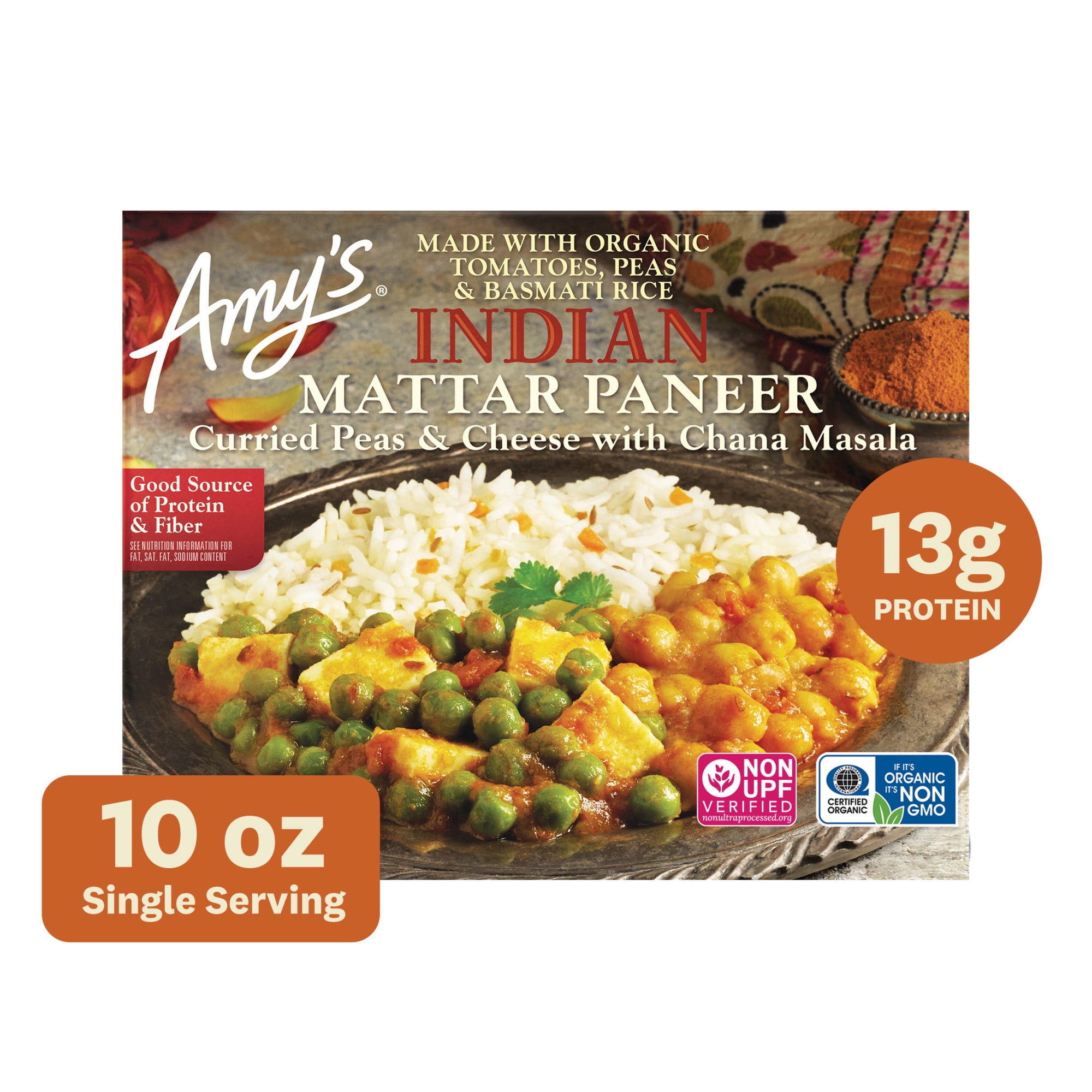 Amy's Frozen Meals, Indian Mattar Paneer Microwave Meal, 10 oz