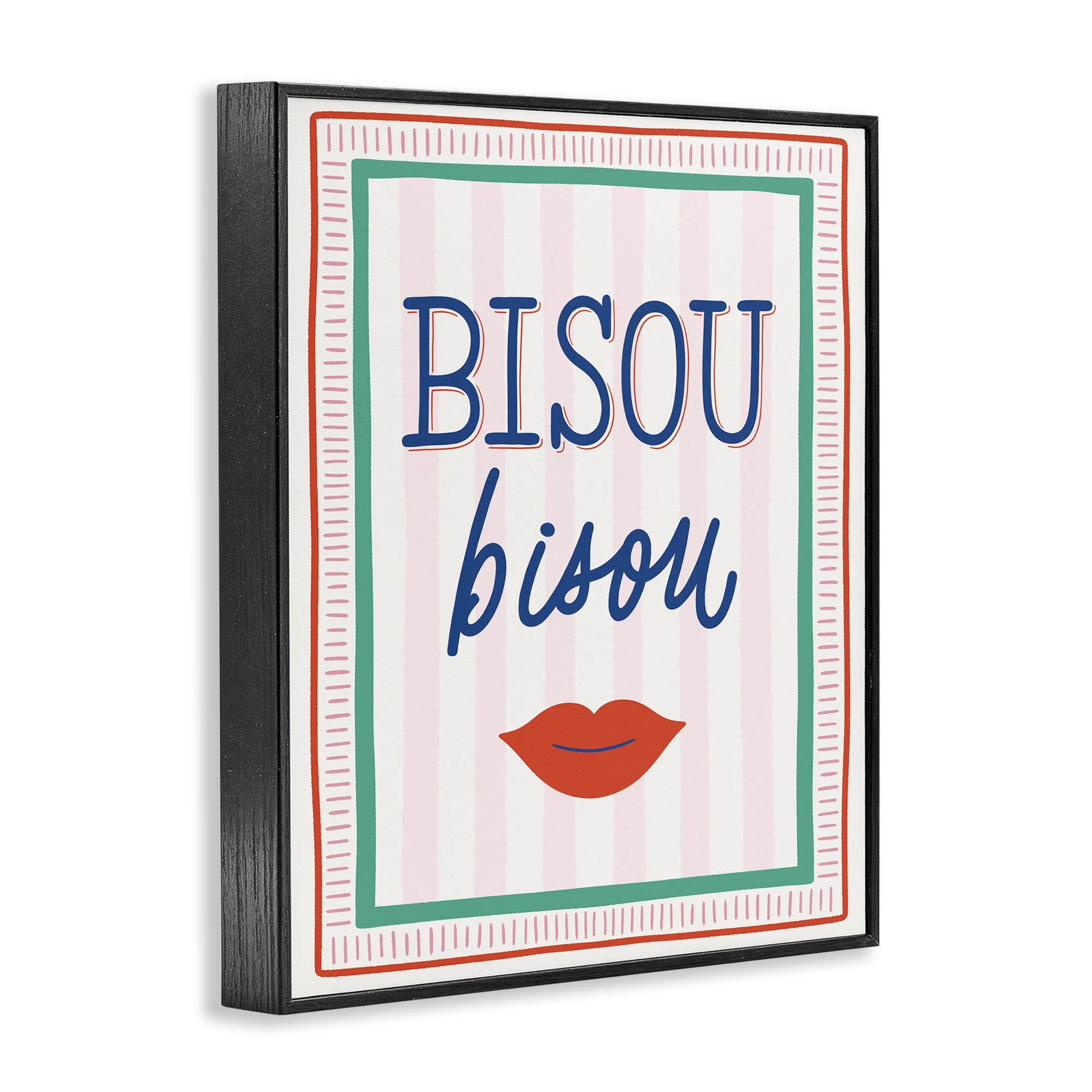 Stupell Industries Bisou Kiss over Stripes Black Framed Giclee Art, design by Jalynn Heerdt