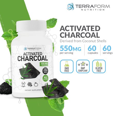 Terraform Nutrition Activated Charcoal Powder Pills - Great for Detox, Gas Relief, Heartburn, Bloating - 60 Capsules