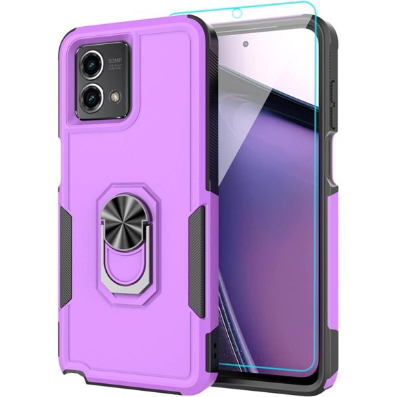 for Motorola G Stylus 5G 2023 Case with Tempered Glass Screen Protector,Heavy-Duty Tough Rugged Phone Case Cover with Ring Holder Kickstand for Moto G Stylus 5G 2023 (6.6", 2023) [Purple/Black]