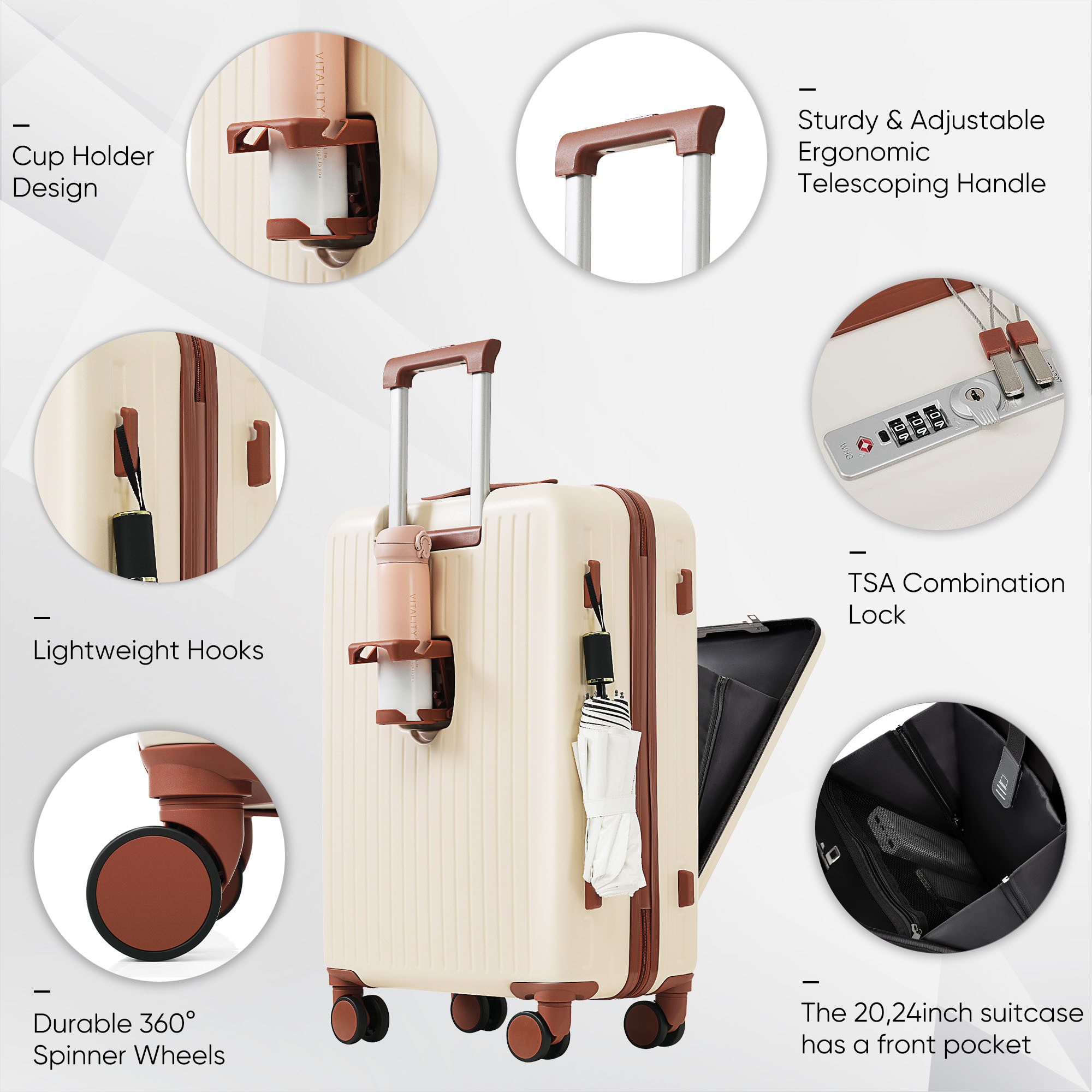 Euroco 4 Piece Luggage Sets,20" Carry-On Luggage with Front-Opening & Cup Holder,20/28inch Suitcase Set with USB Port,TSA Lock, Spinner Wheels,Travel Duffel Bag & Dry Toiletry Bag,Ivory