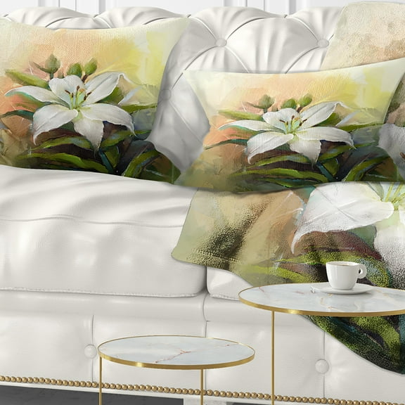 Designart White Lily Flower Oil Painting - Floral Throw Pillow - 12x20