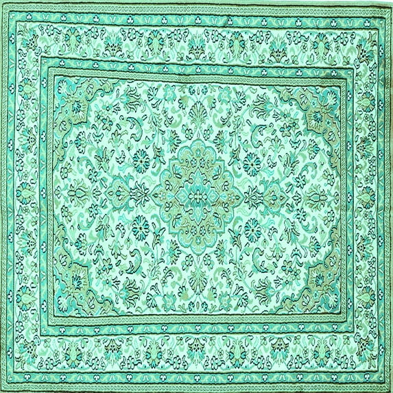 Ahgly Company Indoor Square Medallion Turquoise Blue Traditional Area Rugs, 8' Square