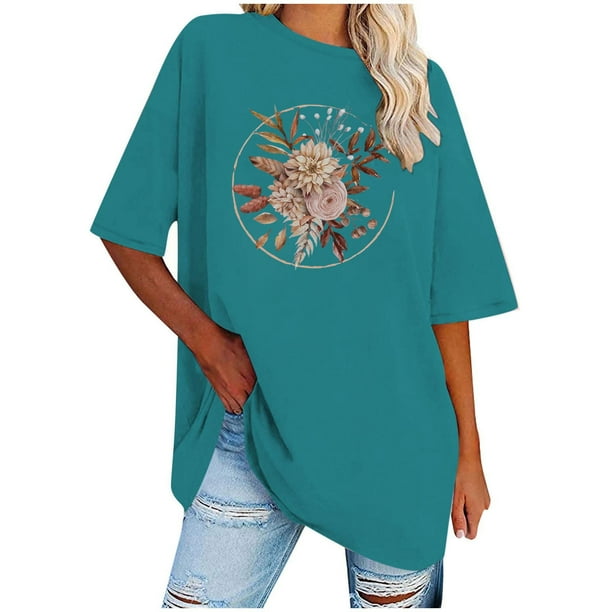 Camisetas de Manga Corta para las Mujeres Impreso Cuello Redondo Suelto Camiseta, Casual Cuatro Estaciones Blusa para el Hogar
