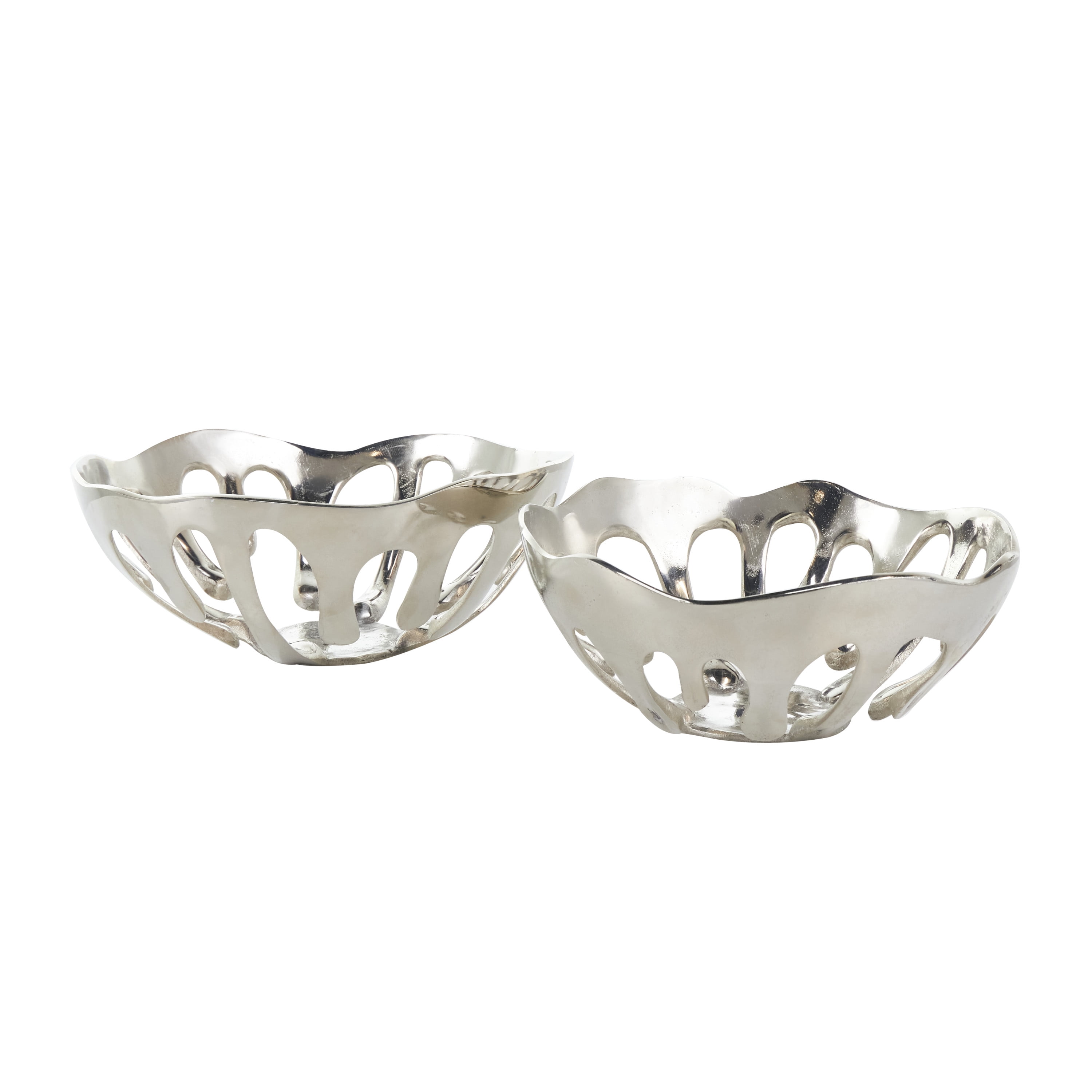 DecMode 13", 11"H Asymmetrical Drip Silver Aluminum Decorative Bowl with Melting Designed Body, Set of 2