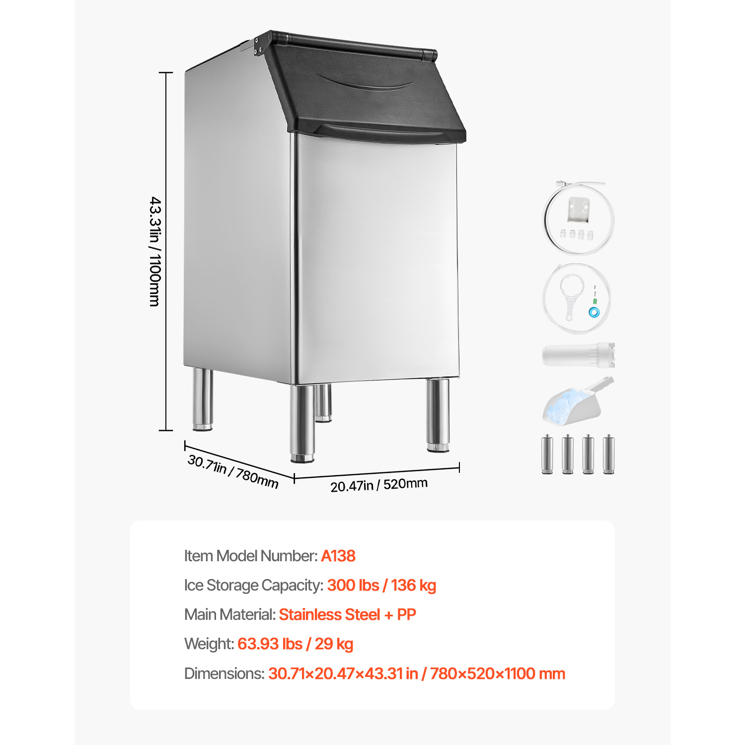 KFFKFF Commercial Ice Maker Storage Bin, 300 lbs Capacity, Stainless Steel Ice Storage Bin with Adjustable Non-Slip Rubber Feet, Ideal for Restaurants, Hotels, and Beverage Shops
