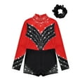 thumbnail image 3 of DPOIS Kids Girls Rhinestone Shiny Long Sleeve Gymnastic Leotard Dance Skating Unitard Biketard with Hair Scrunchie Red&Black 10, 3 of 5