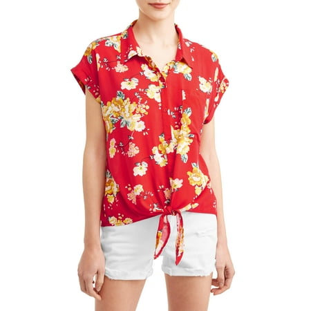 Juniors' Printed Button Tie Front Roll Tab Short Sleeve Blouse