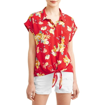 No Boundaries - Juniors' Printed Button Tie Front Roll Tab Short Sleeve ...