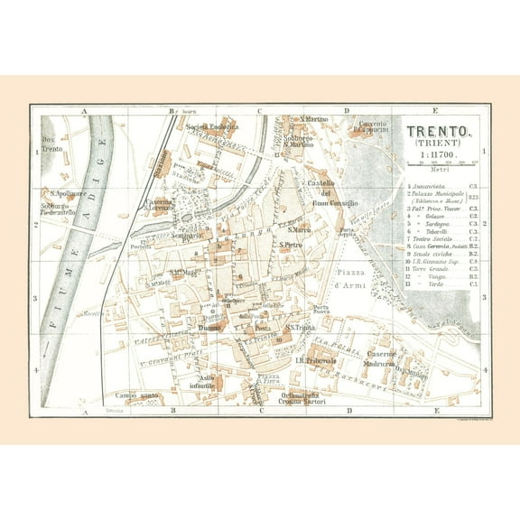 Historic Map - Trento Italy - Baedeker 1896 - 32.35 x 23 - Vintage Wall Art
