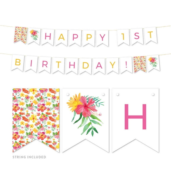 Tropical Floral Garden Party Birthday, Hanging Pennant Party Banner with String, Happy 1st Birthday!, 5-Feet, 1 Set