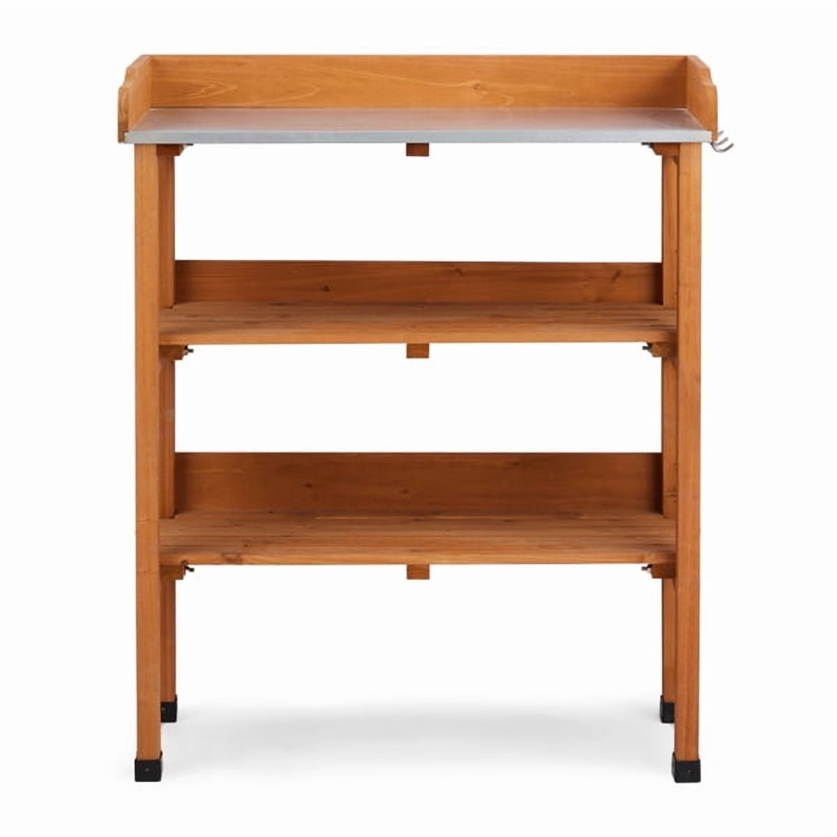 Outdoor Garden Potting Bench Table, Wooden Horticulture Planting Worstation with Metal Tabletop, 2 Storage Shelves, 3 Hooks