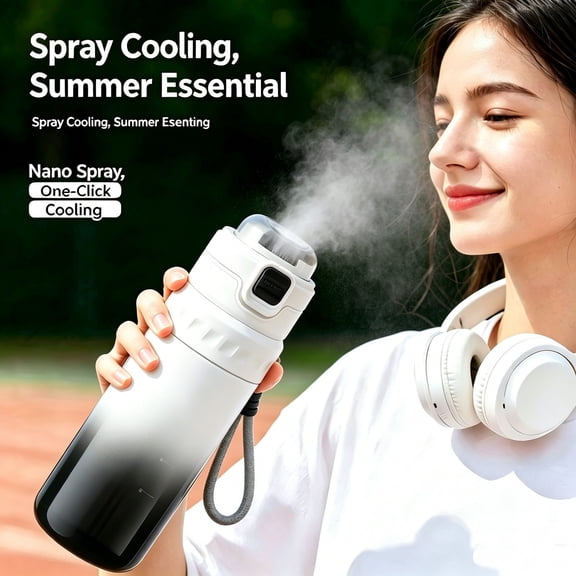 25.4Oz Mist Spray Sports Water Bottle, Spill Resistant Shatterproof Plastic Hydration Cup With Carry Lanyard, Clear Volume Mark Cooling Water Container For Hiking Gym Travel Summer Daily Use