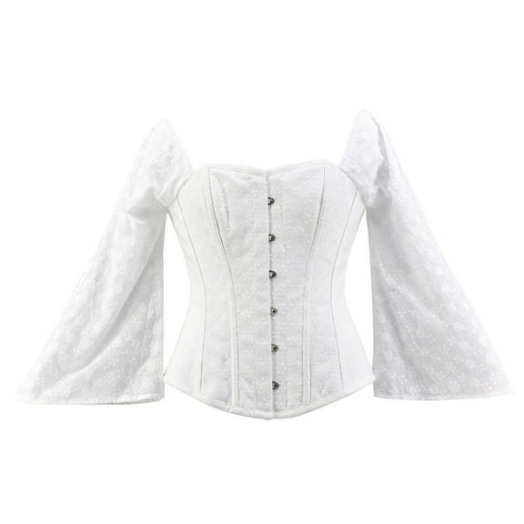 Raeneomay Long Sleeve Shirts for Women Lace Waist Cinching Corset Round Neck Top Solid Color
