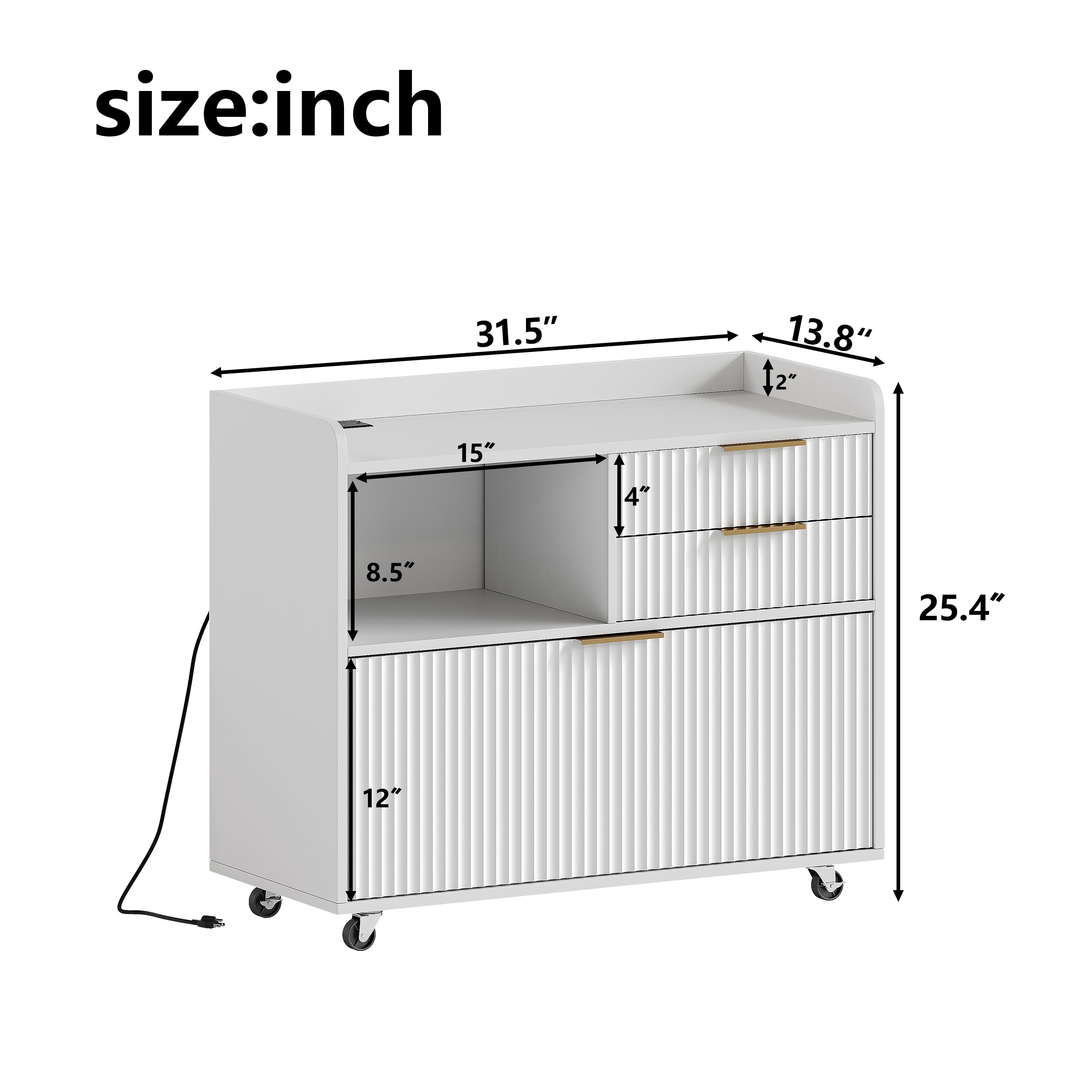 File Cabinet with Charging Station and Multi Drawers, Mobile Rolling Office Storage Cart and Open Compartment Organizer for Home Office, White
