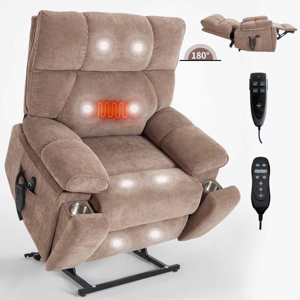 Brown Power Lift Recliner with Heat Massage, 350LBS Heavy Duty, Infinite Positions & Hidden Cup Holders Included