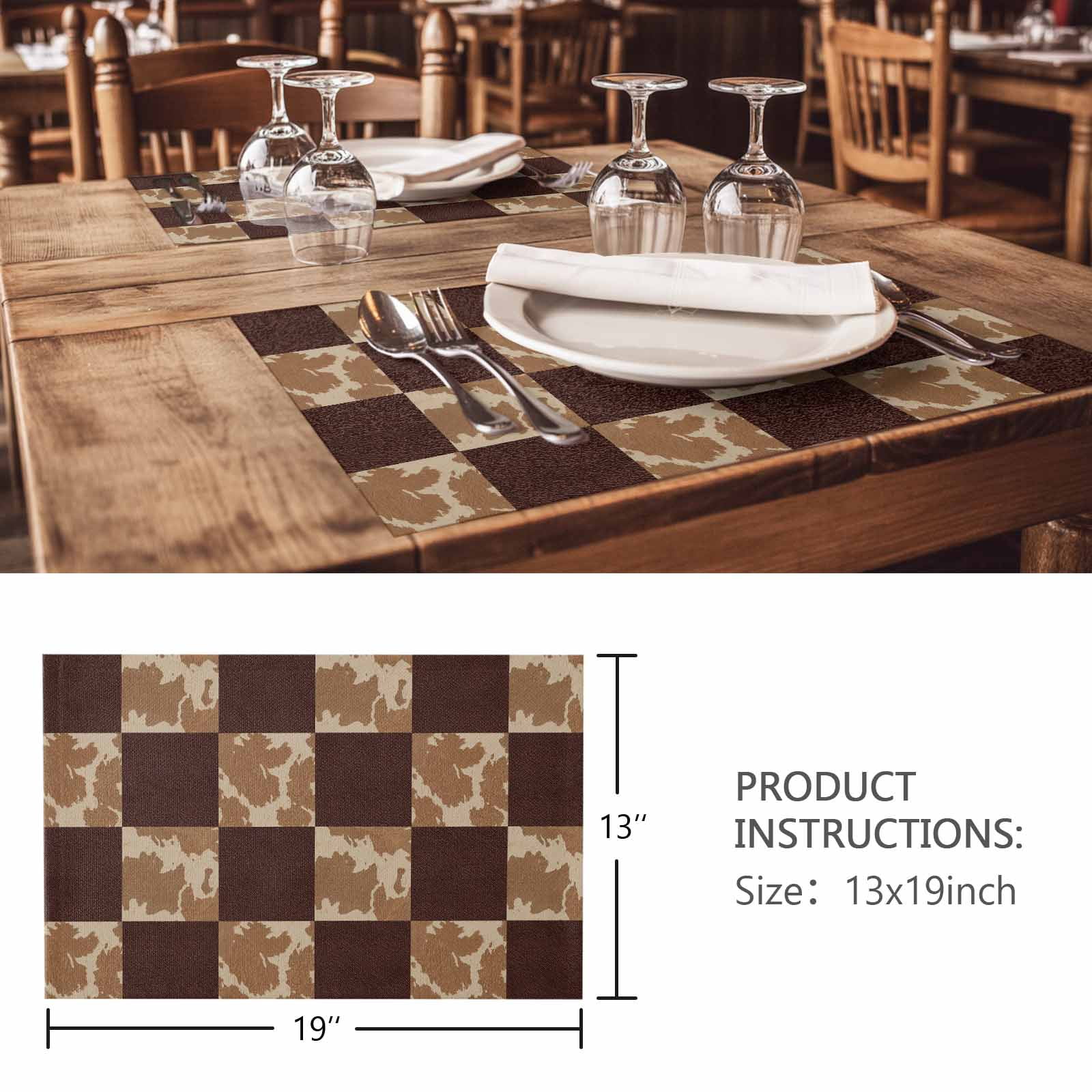 Placemats Set of 4, Vintage Patchwork Woven Placemat, Linen Place Mats for Kitchen/Dining Tables, Western Brown Animal Texture Plaid Washable Table Mats for Party