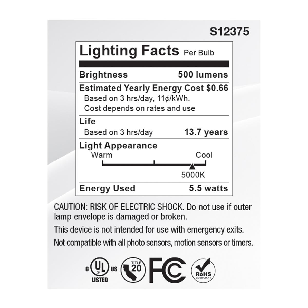 Satco S12375 MR16 LED Flood Light Bulbs 120V 5.5W 5000K GU10 Base Dimmable (12 Pack)