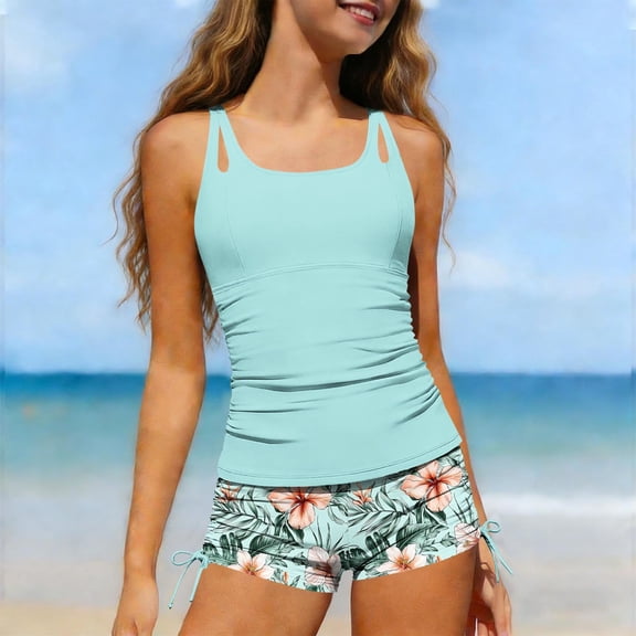 Cethrio Girls Tankini Swimsuits, Beach Two Piece Summer Swimsuit Tops and Swimsuit Bottoms Sets Green Size 7-8