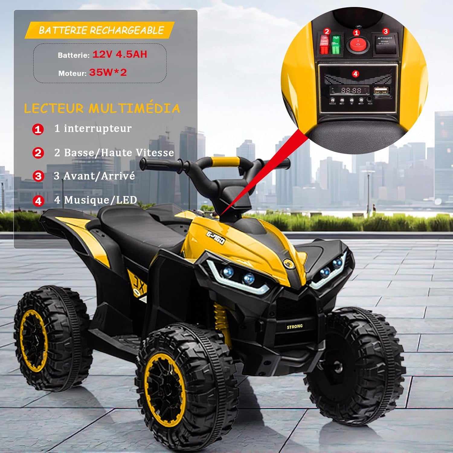 Trilenars Electric Quad Bike 12V, Ride On Car ATV Toy with Remote Control, Music, LED, Horn, 2 Speed, for Ages 3-5 Years,Yellow