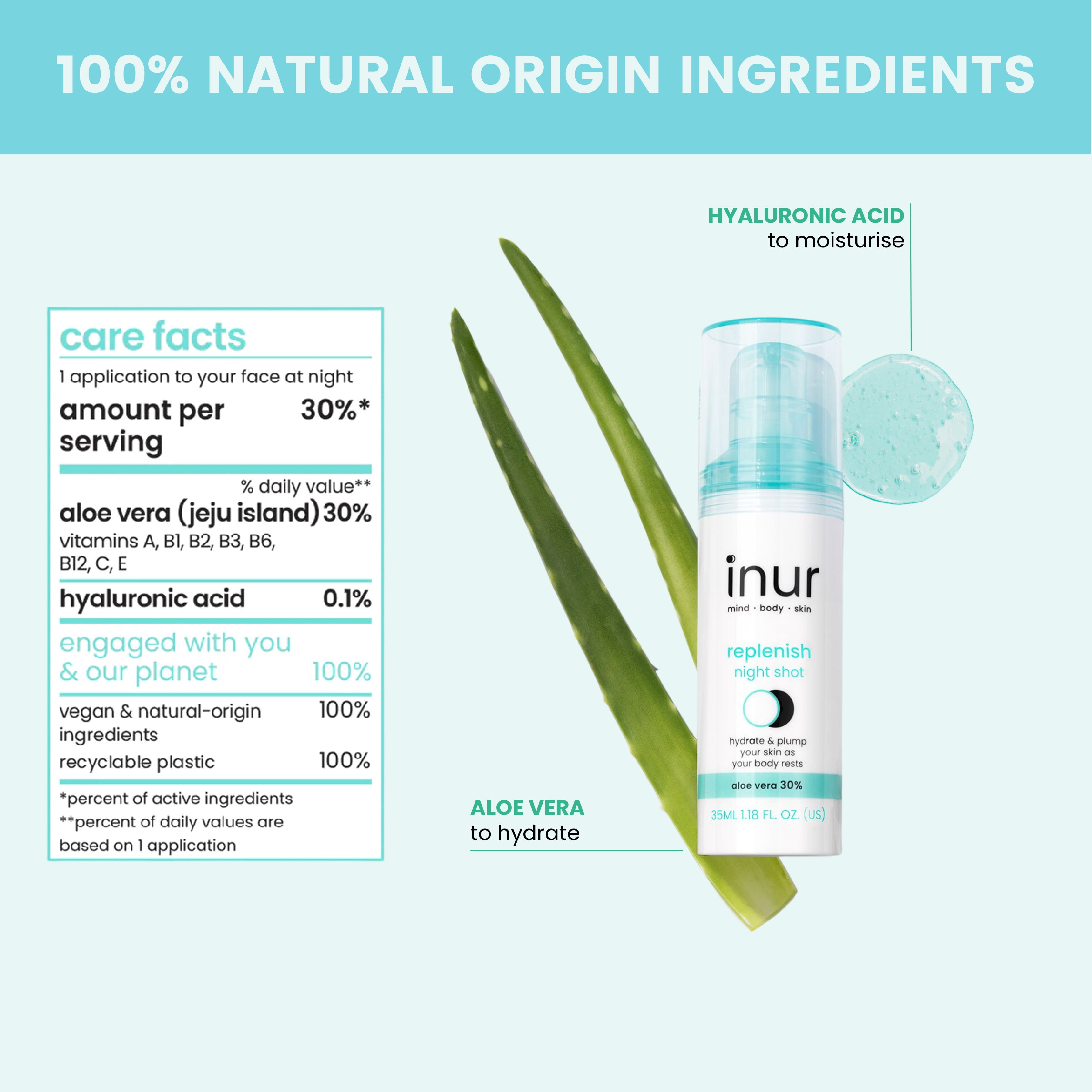 Inur Replenish Hyaluronic Acid & Aloe Vera Night Serum, Moisture-Boosting Treatment, 1.18 fl oz
