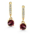 thumbnail image 3 of Gem Stone King 10K Yellow Gold Red Rhodolite Garnet and White Lab Grown Diamond Dangle Drop Huggie Hoop Earrings for Women (0.84 Cttw, Gemstone January Birthstone, Round 4MM), 3 of 5
