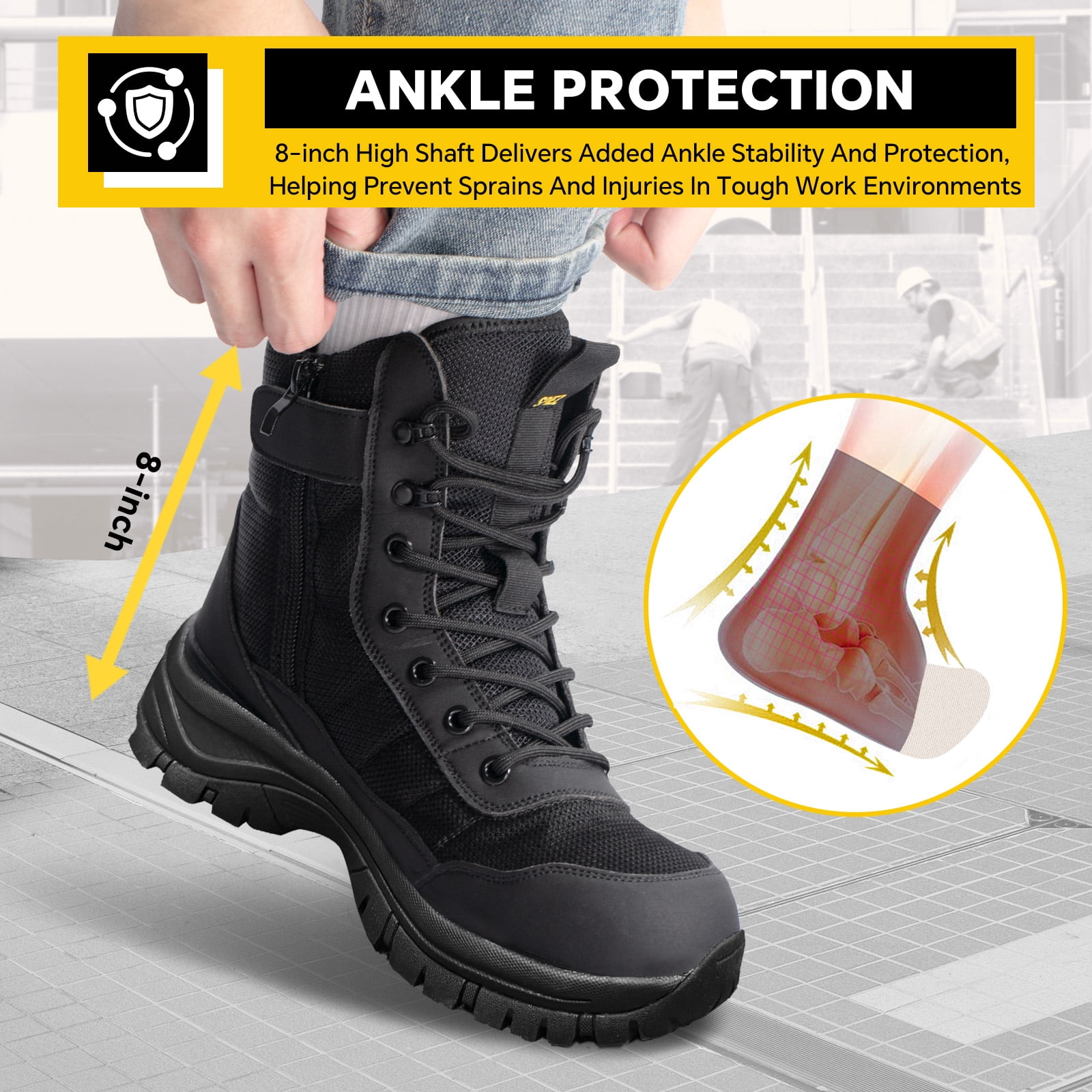 SPIEZ, Men's Steel Toe Safety Boots, Size 7, Protective Ankle