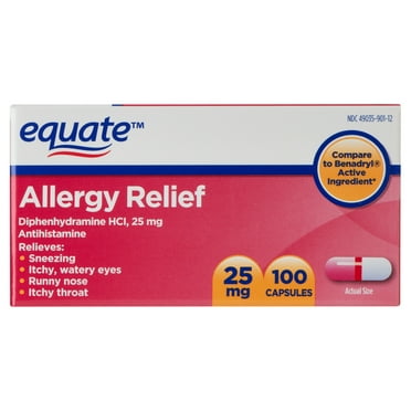 Equate Allergy Relief Diphenhydramine HCl 25mg Antihistamine Capsules, 100 Count, Compare to Benadryl® Active Ingredient