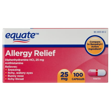 Equate Allergy Relief Diphenhydramine HCl 25mg Antihistamine Capsules, 100 Count, Compare to Benadryl® Active Ingredient
